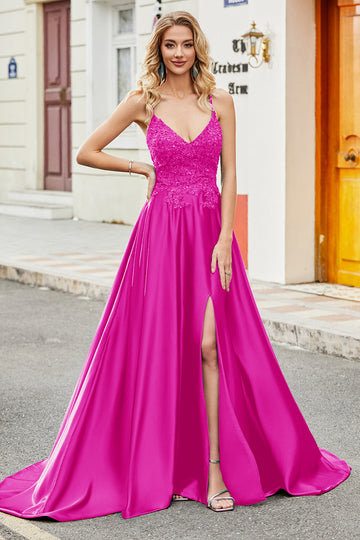 Abito lungo fucsia A Line con spalline sottili e applicazioni